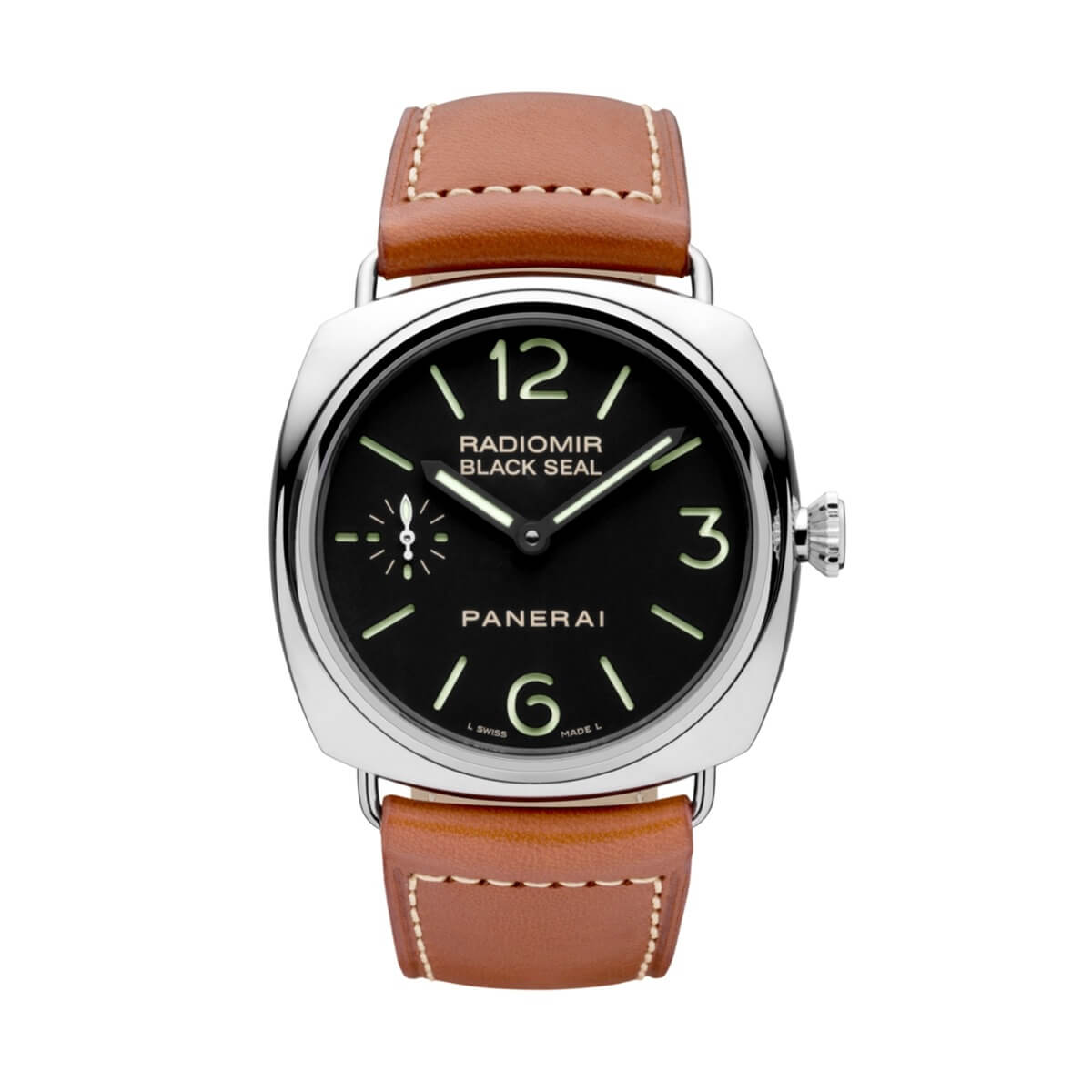 45 mm Stainless Steel Luxury Timepiece with Black Dial, Mixed Hour Markers, Leather Bracelet, and Small Seconds Function.