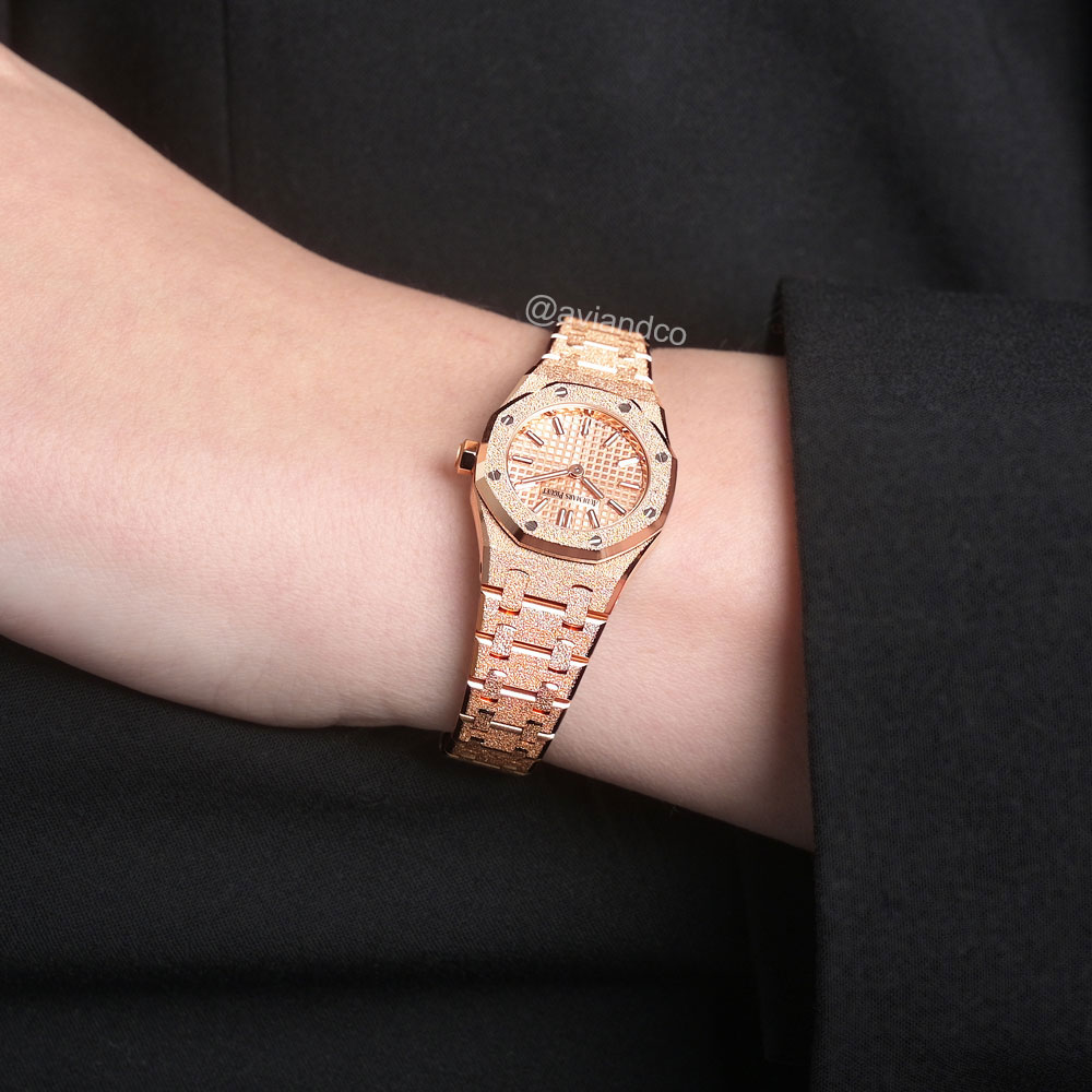 Audemars Piguet Royal Oak “Frosted” Mini, 18K Rose Gold, Petite Tapisserie Rose Dial
