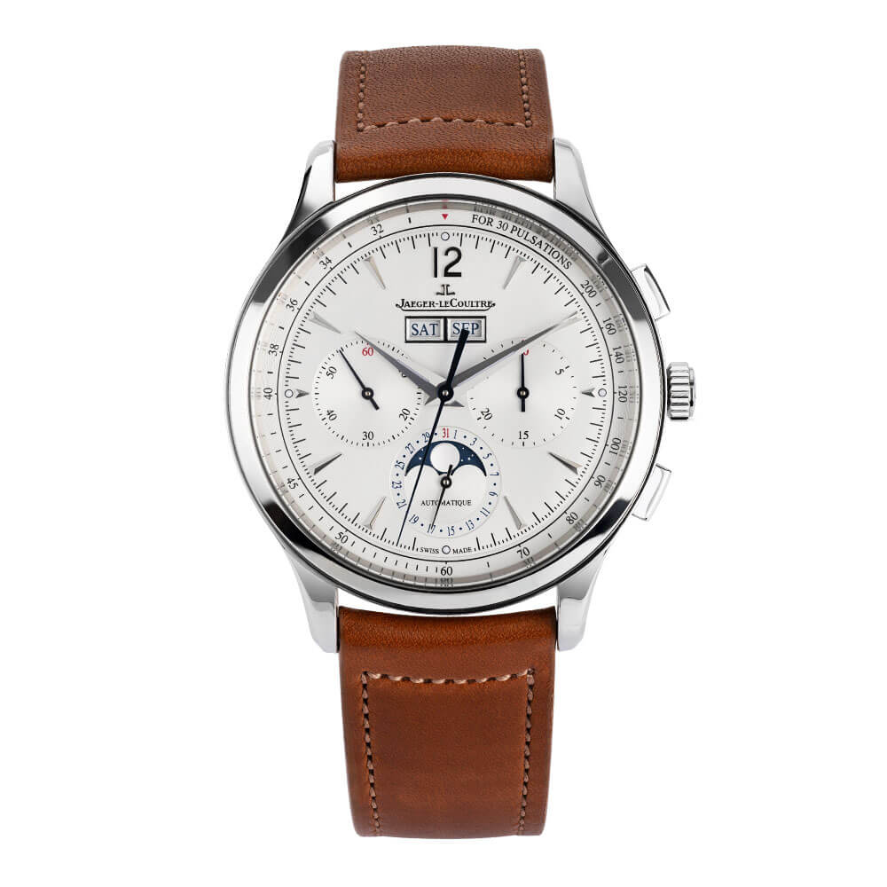 Jaeger-LeCoultre Master Control Luxury Watch with 40 mm Stainless Steel Case, White Dial, Chronograph Function, Moon Phase, Calendar Function, and Brown Leather Strap.