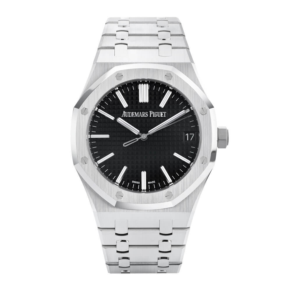 Royal Oaks are Ideal Winter Timepieces. Pictured: Audemars Piguet Watch with Stainless Steel 41 mm Case, Black Dial, Fixed Bezel, and Date Function.