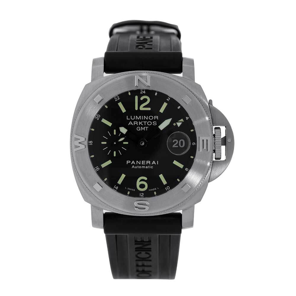 44 mm Stainless Steel Watch with Black Dial, GMT Function, Date Function, Index Hour Markers, Rubber Bracelet, and 1,000 Water Resistance.