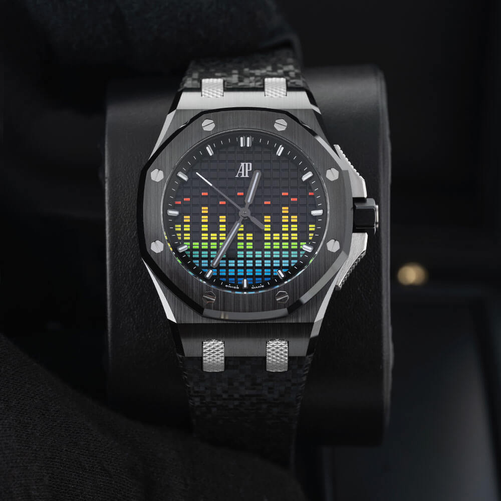 Ceramic 37 mm Audemars Piguet Royal Oak Offshore ‘Music’ with Black Dial, Black Rubber Bracelet, and Recording Studio Equalizer Motif.