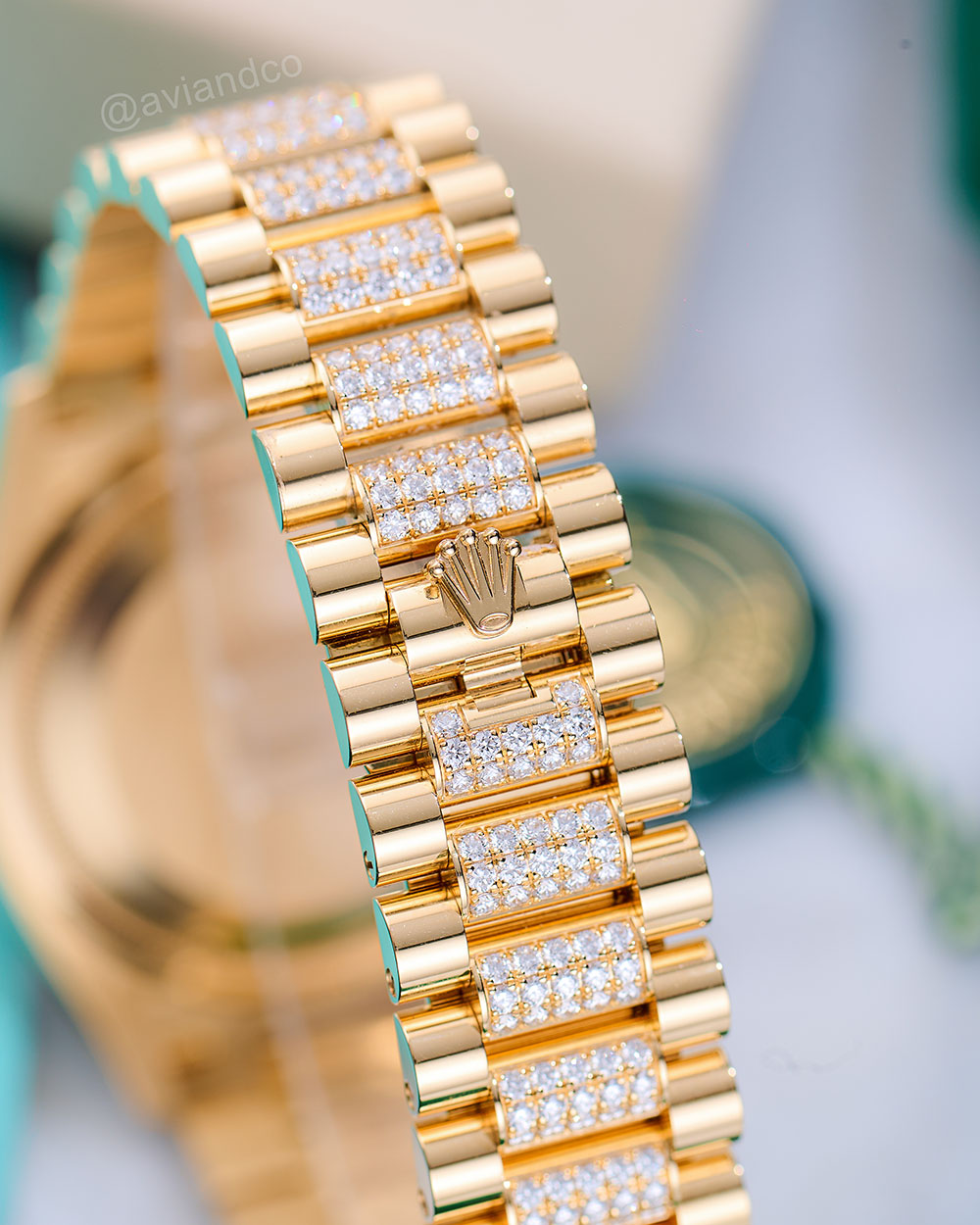 18K Yellow Gold Diamond-Set President Bracelet Displayed on a Clear C-Ring.