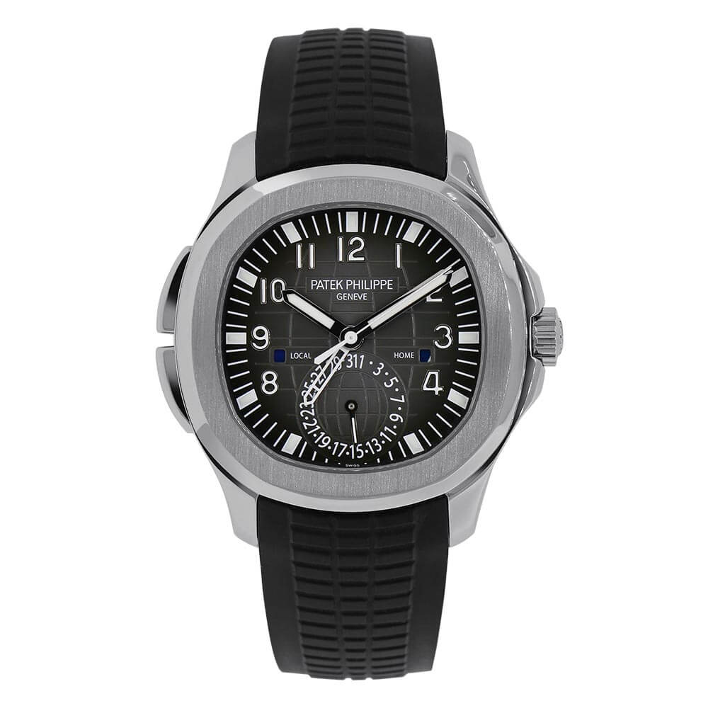 Stainless Steel 40 mm Patek Philippe Aquanaut Timepiece with Black Dial and Black Rubber Strap Displayed on a White Background.