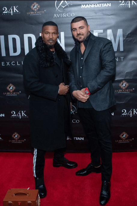 Jamie Foxx and Avi Hiaeve Posing at an Exclusive Cocktail Event Presented by Avi & Co. and Manhattan Magazine.