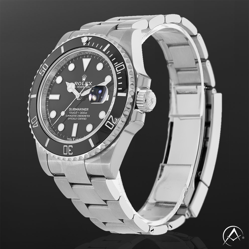 Stainless Steel Timepiece with Black Dial and Black Bezel Displayed on a Clear C-Ring with Black Background.