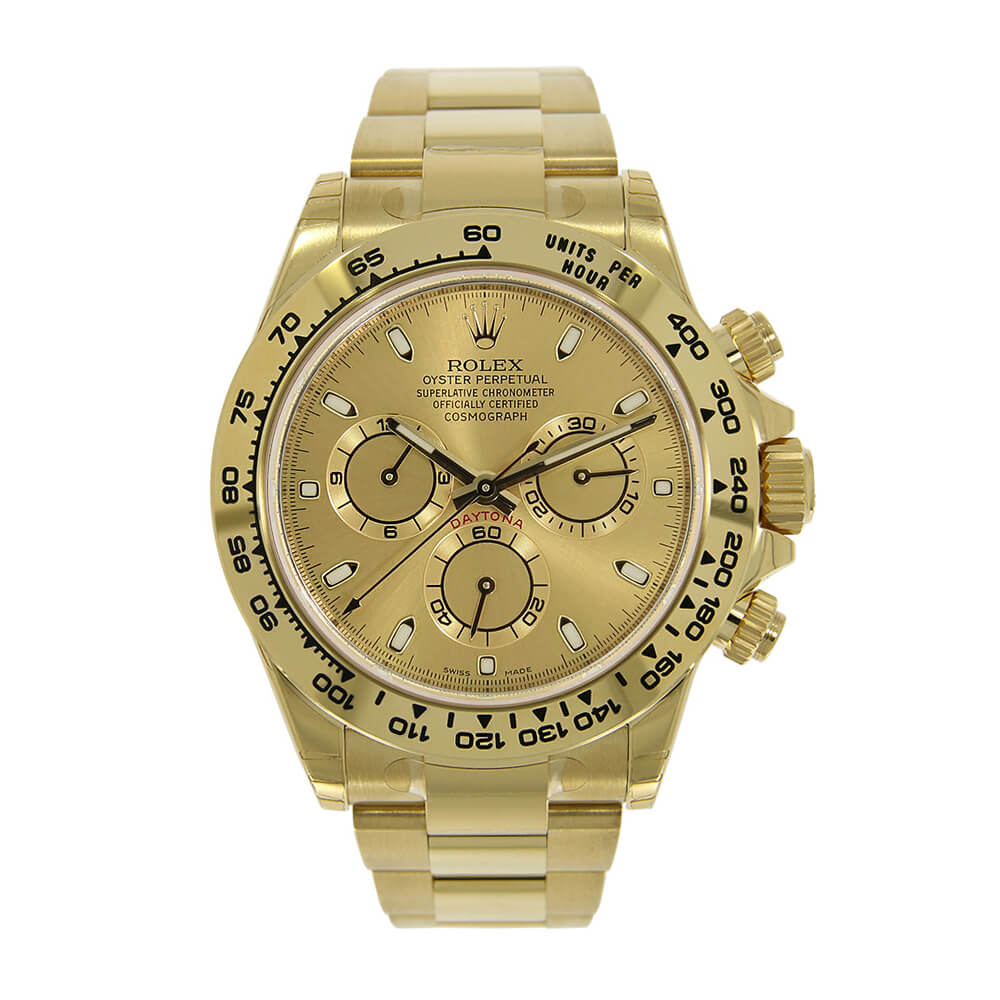Rolex Daytona Luxury Timepiece with 18K Yellow Gold 40 mm Case, Yellow Gold Bezel, Champagne Dial, Index Hour Markers, and Chronograph Function.