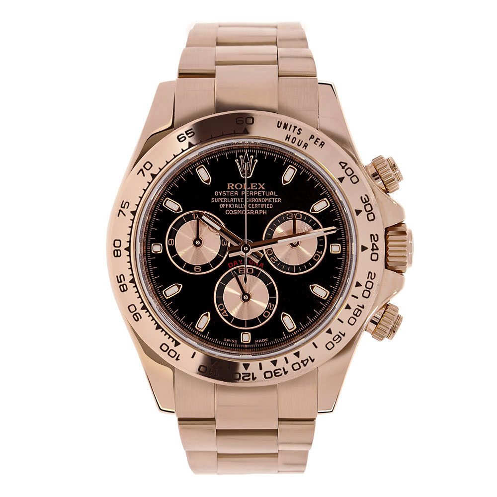 40 mm 18K Rose Gold Chronograph Watch with Black Dial, Index Hour Markers, and Tachymeter Function.