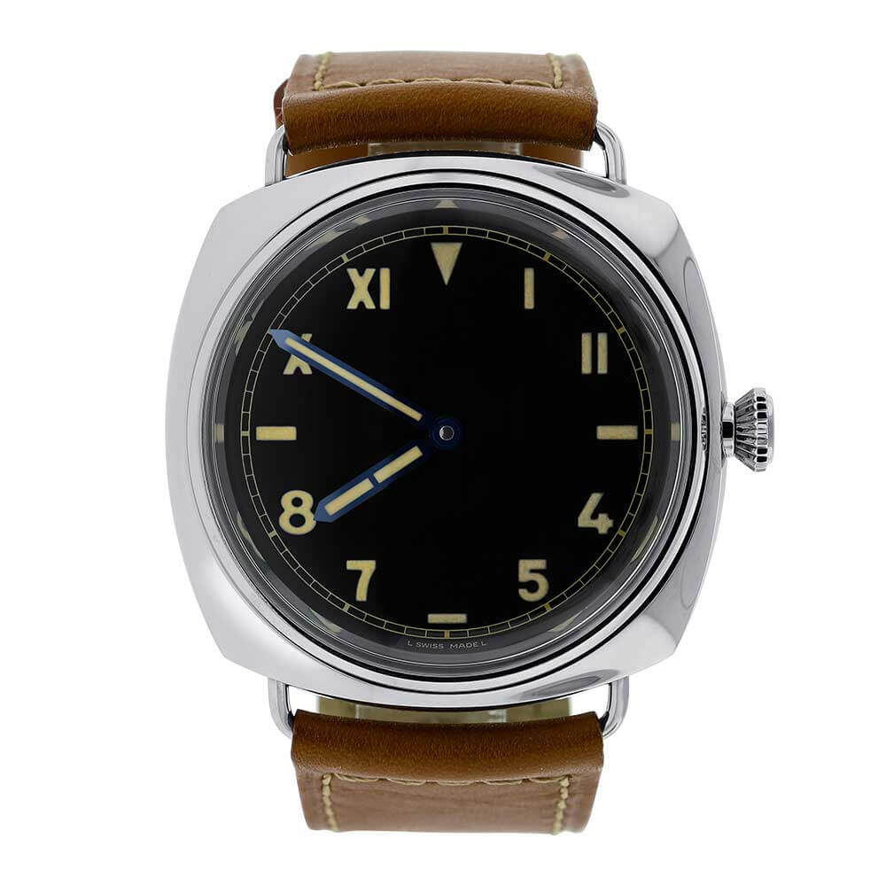 Limited Edition 47 mm Stainless Steel Timepiece with Black Dial, Mixed Hour Markers, and Leather Bracelet.