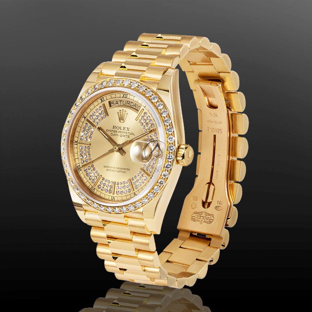 18K Yellow Gold 36 mm Rolex President Day-Date with Champagne Pave Dial and Roman Numerals.