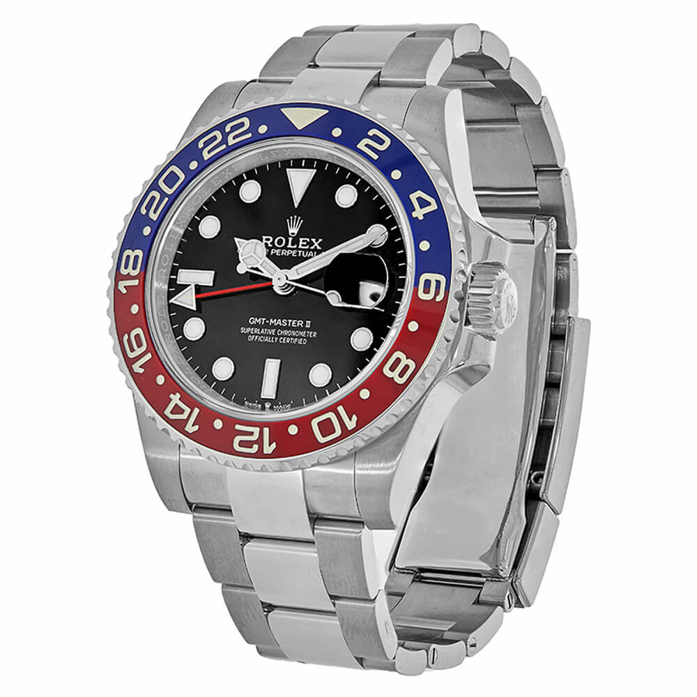 Stainless Steel 40 mm Rolex GMT-Master II Pepsi Timepiece Displayed on a Clear C-Ring on a White Background.