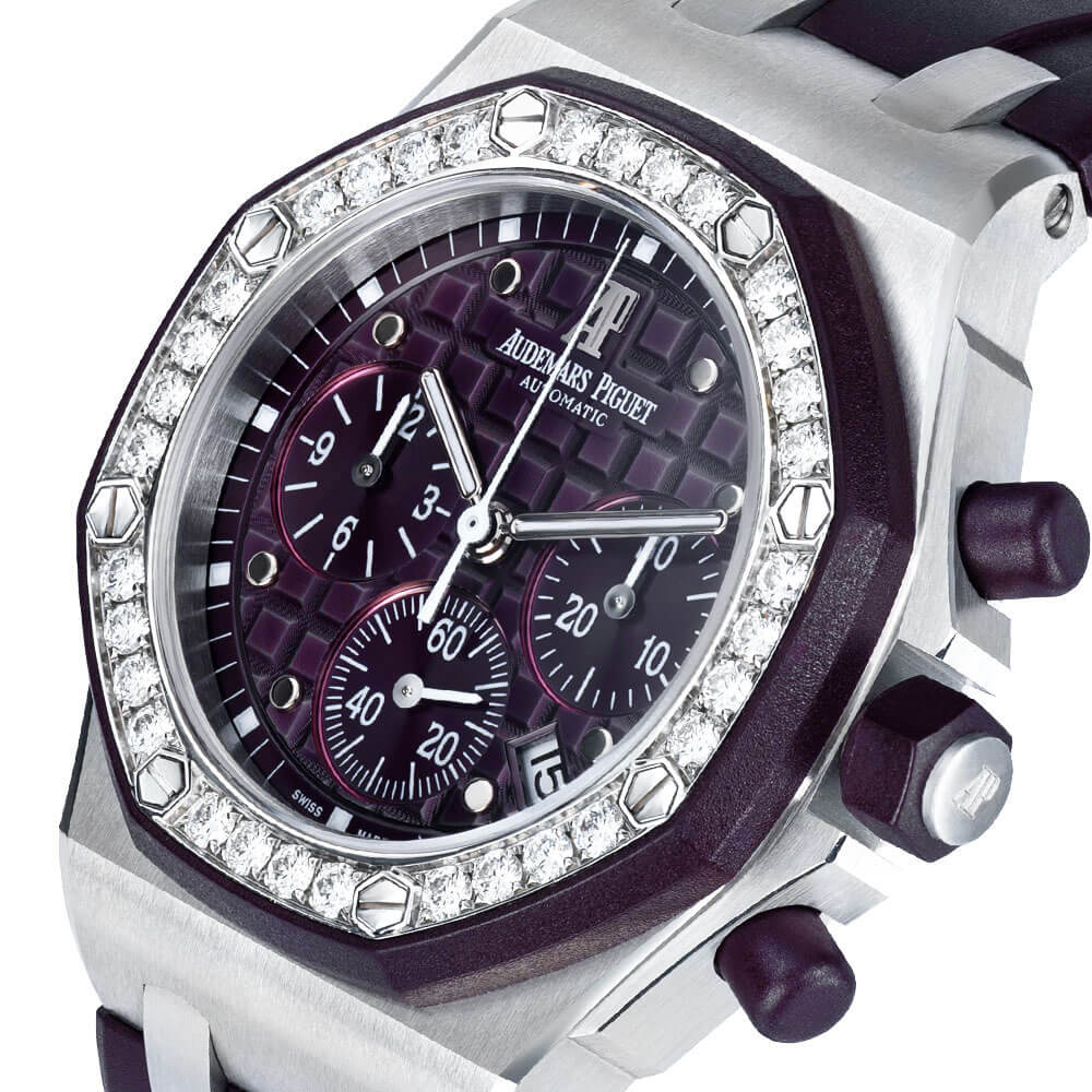 37 mm Stainless Steel Chronograph Timepiece with Purple Dial, Gem-set Bezel, Purple Rubber Bracelet, and Chronograph Function.
