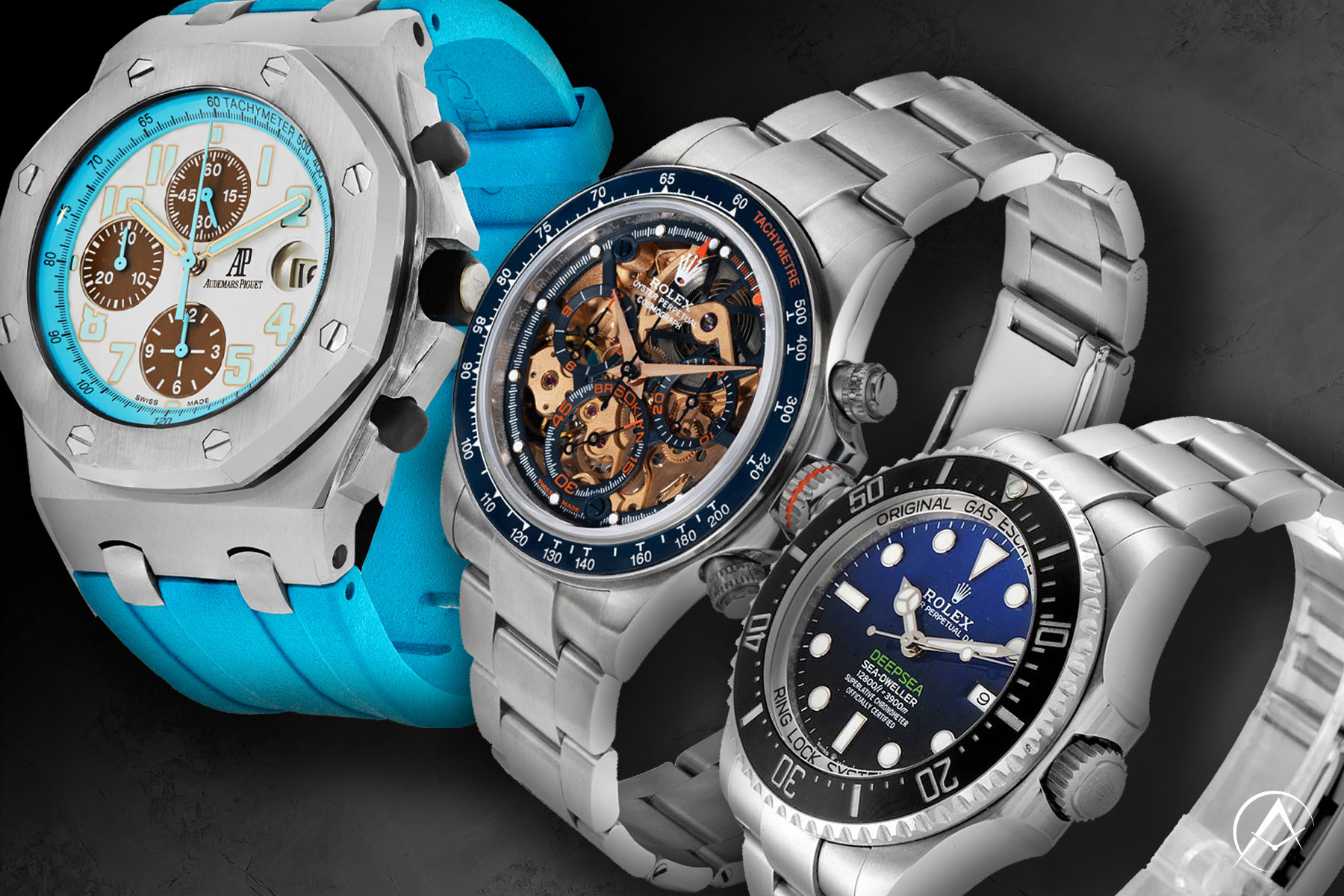 A White Dial with Blue Rubber Stap Timepiece, an Openworked Dial on a Sterling Silver Bracelet Timepiece, and a Blue Dial on a Sterling Silver Bracelet Timepiece all on C-Displays with a Black Background.