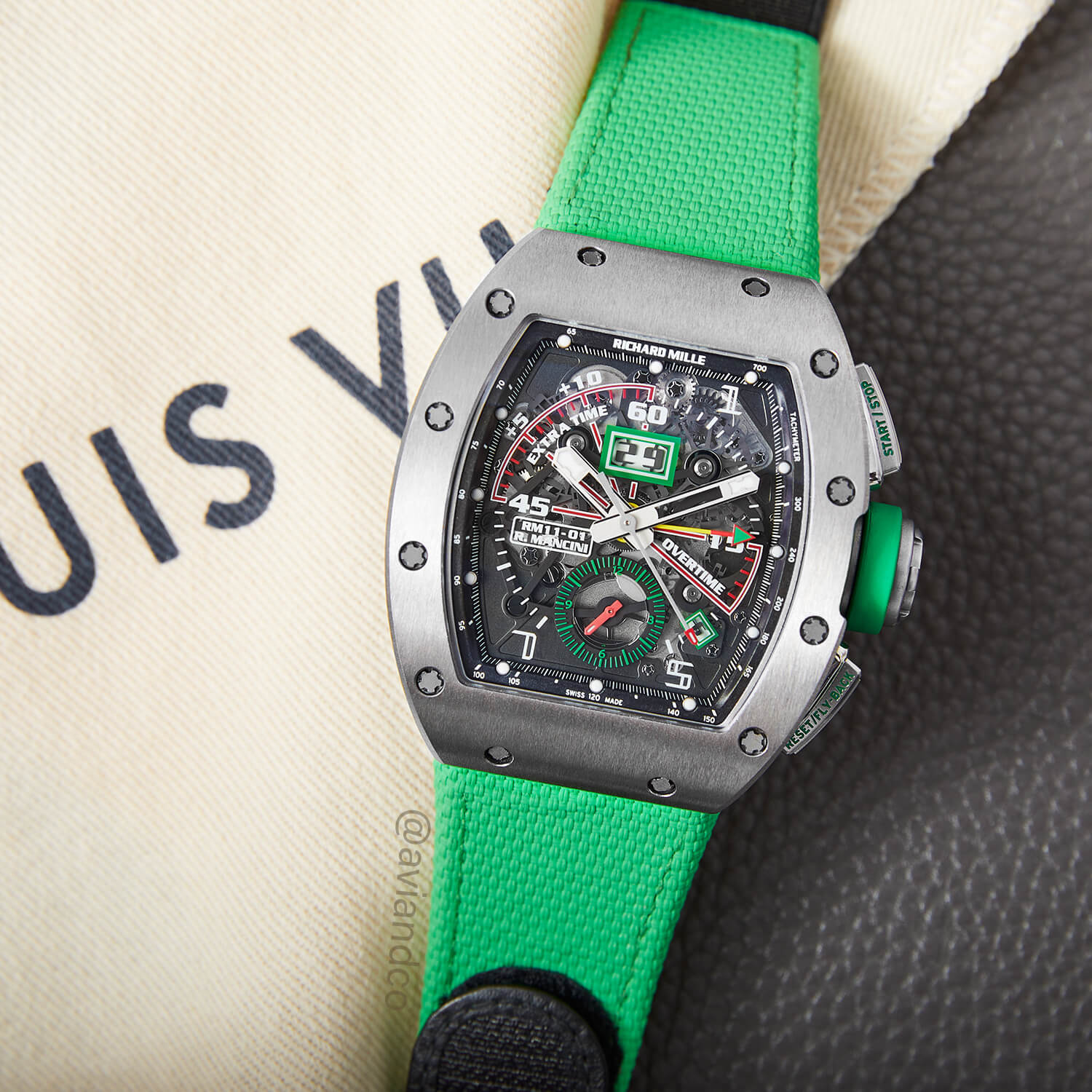 Richard Mille Luxury Watch with Skeleton Dial and Green Strap.
