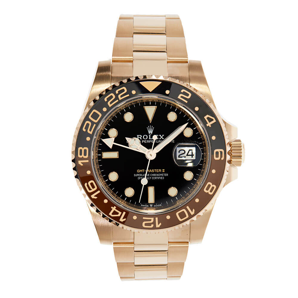 Rose Gold 40 mm Rolex GMT-Master II Root Beer Timepiece with Black Dial and Two-Tone Bezel Displayed on a White Background.