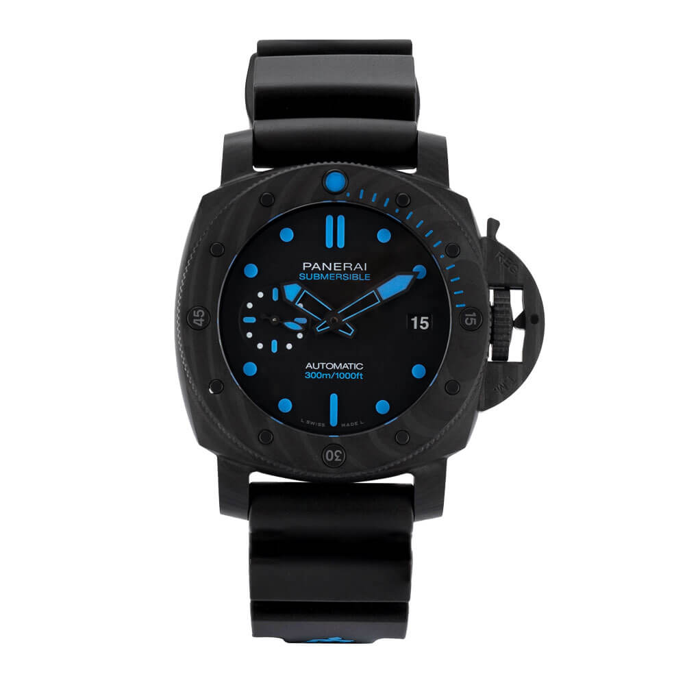 42 mm Carbon Luxury Watch with Black Dial, Blue Luminescent Dot Markers, Small Seconds Function, Date Function, and a Rubber Bracelet.