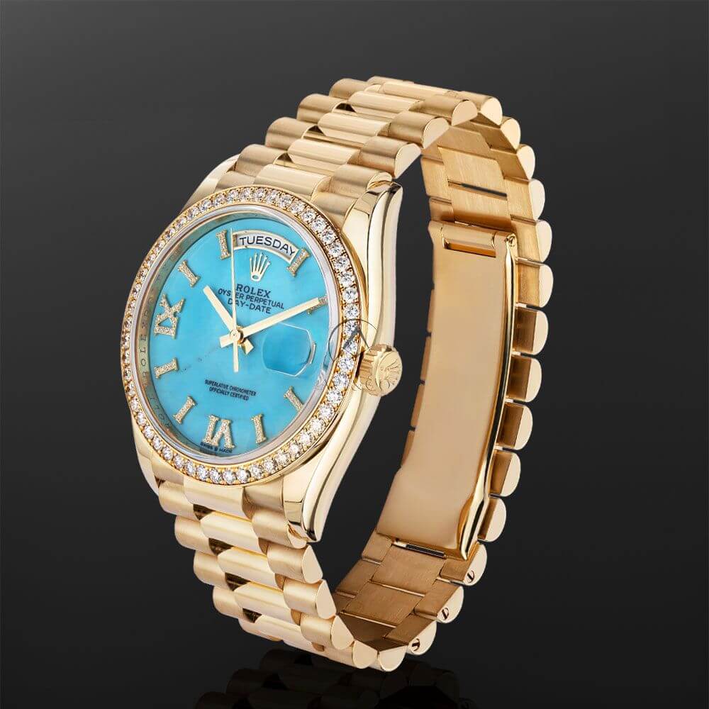 18K Yellow Gold 36 mm Rolex President Day-Date with Turquoise Dial and Diamond Roman Numerals.