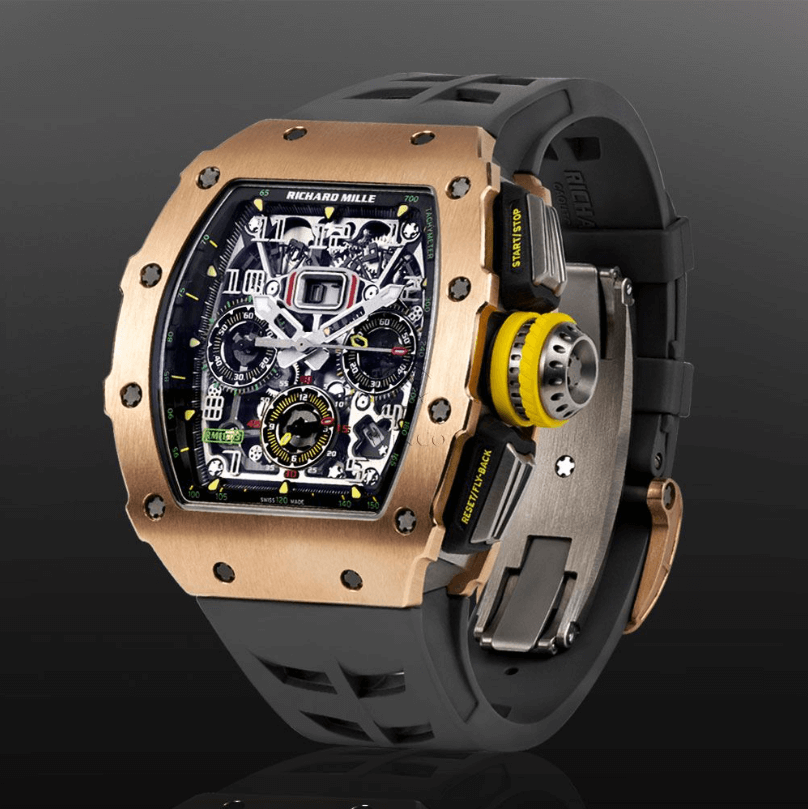 Titanium Timepiece with Black Rubber Strap Displayed on a C-Ring on a Black Background.