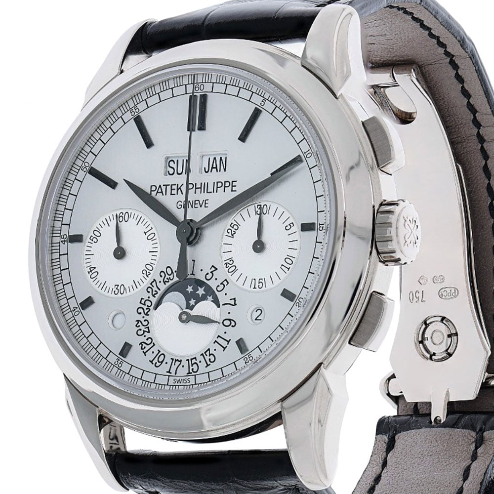 41 mm 18K White Gold Luxury Timepiece with Silver Dial, Index Hour Markers, Perpetual Calendar, Moonphase, and Date Functions.