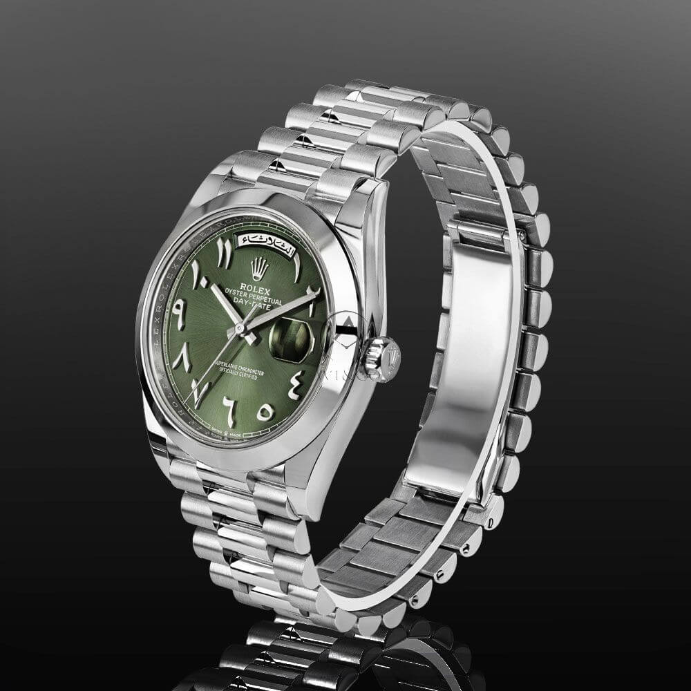 Platinum Rolex President Day-Date 40 mm with Green Dial and Arabic Numerals.
