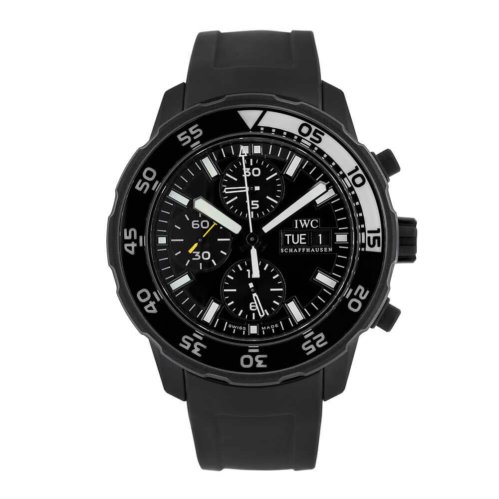 IWC Shauffhausen Aquatimer Chronograph Watch with 44 mm Stainless Steel Case, Black Index Dial, and Black Rubber Bracelet.