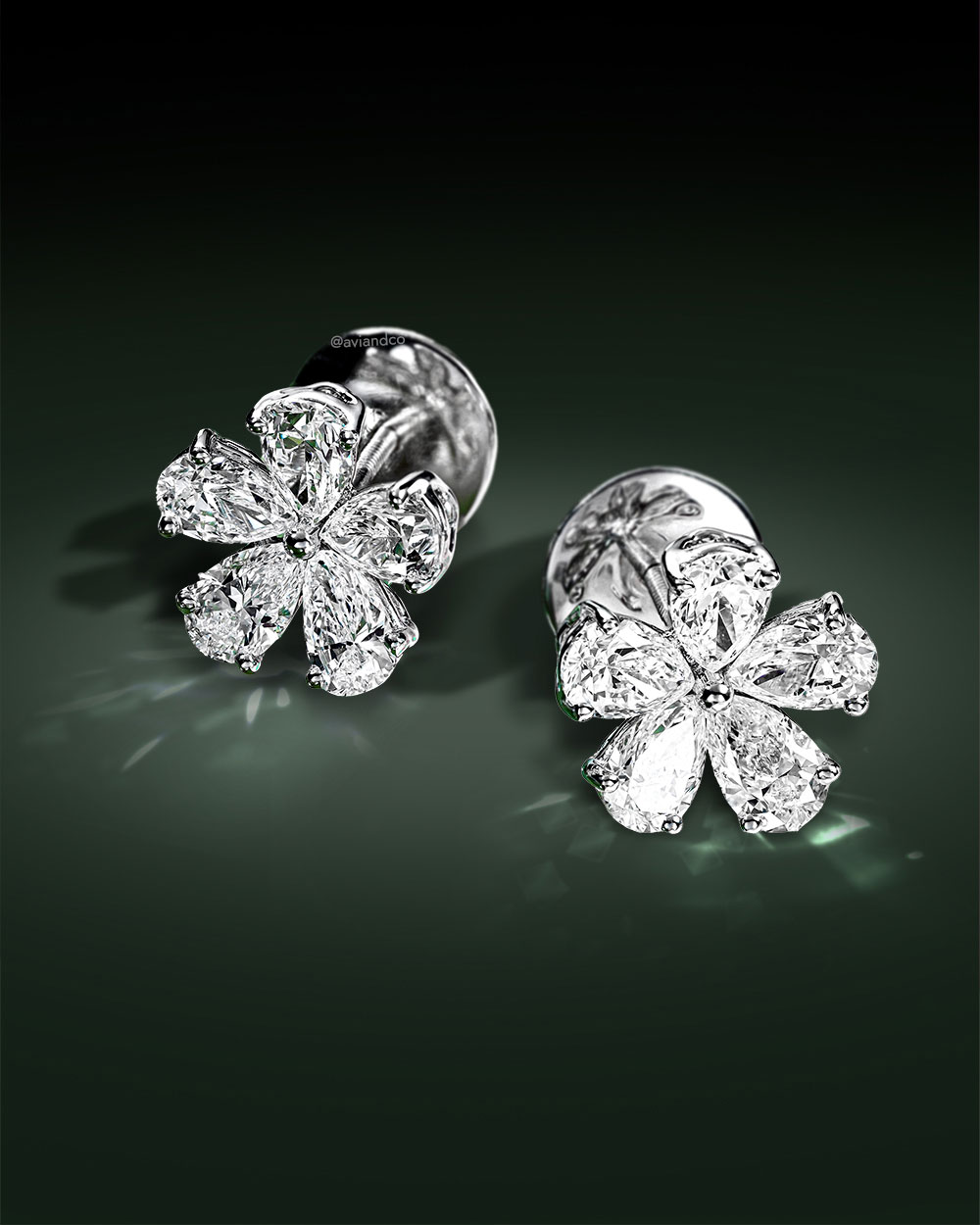 Diamonds by Avi & Co. Flower Stud Earrings, 18K White Gold, Pear Cut, 4.01 CT