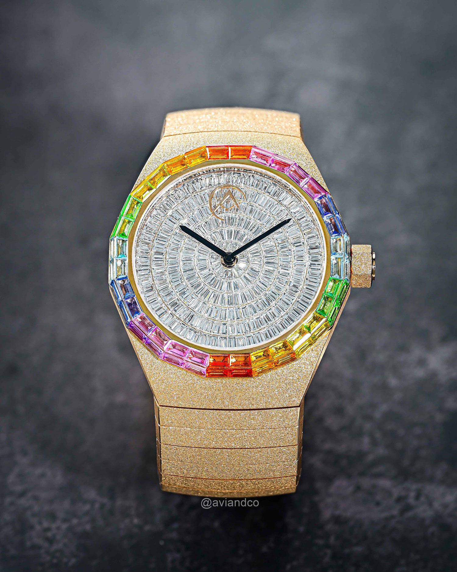 Avi & Co. Frosted Rainbow Watch, 18K Rose Gold, Diamond Dial, Sapphire Bezel, 44 mm