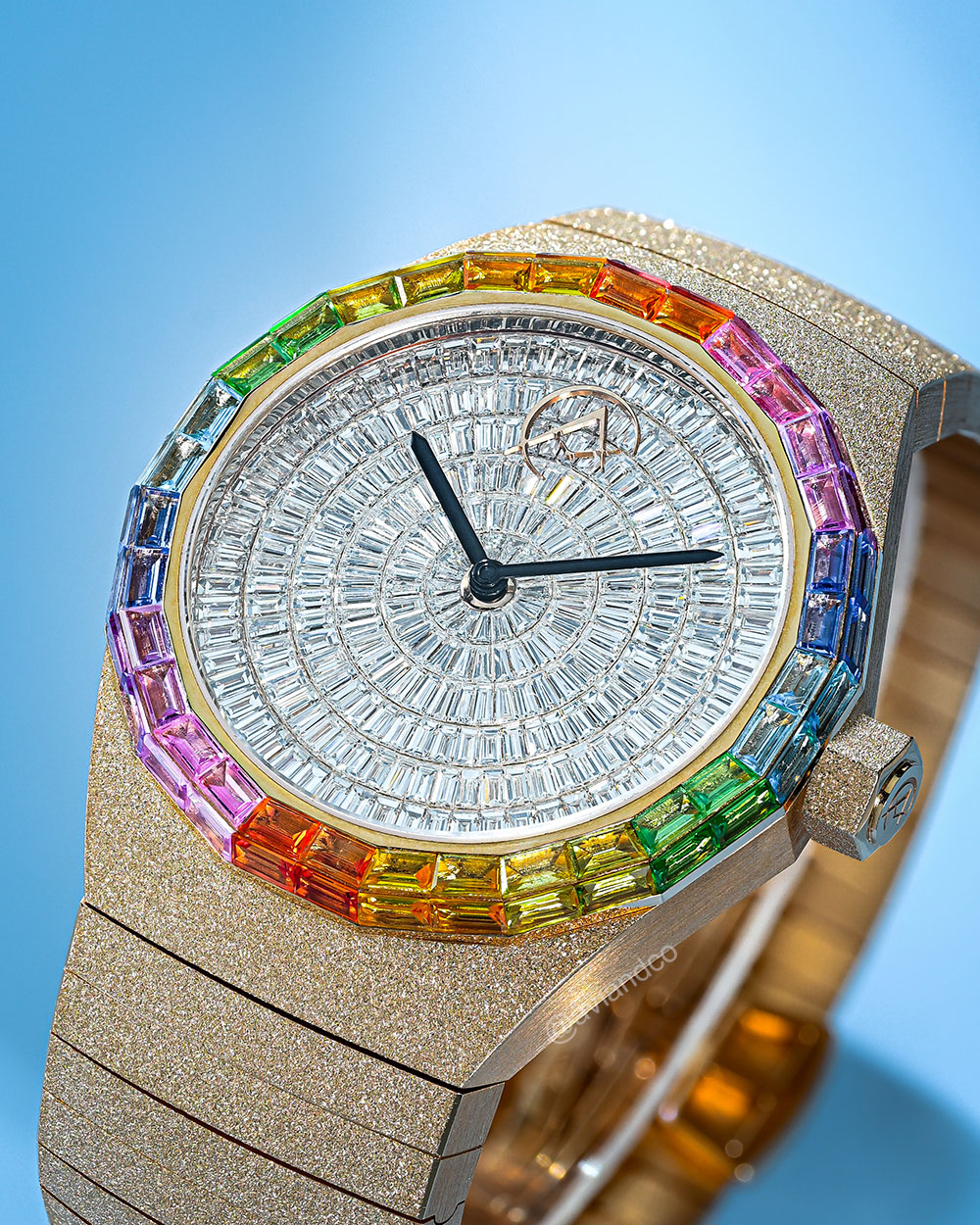 Avi & Co. Frosted Rainbow Watch, 18K Rose Gold, Diamond Dial, Sapphire Bezel, 44 mm