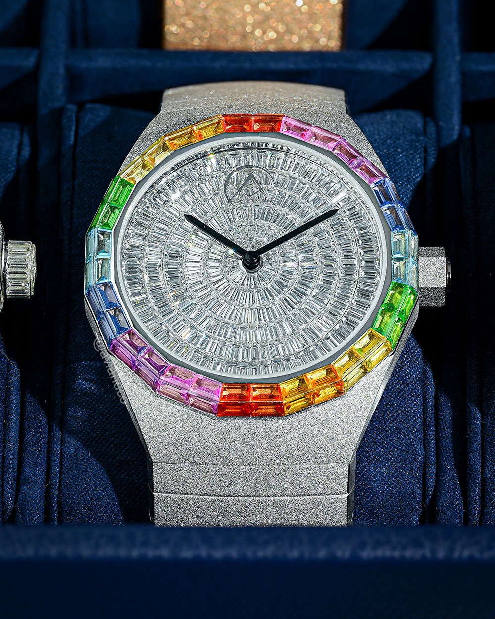 Avi & Co. Frosted Rainbow Watch, 18K White Gold, Diamond Bezel, 44 mm