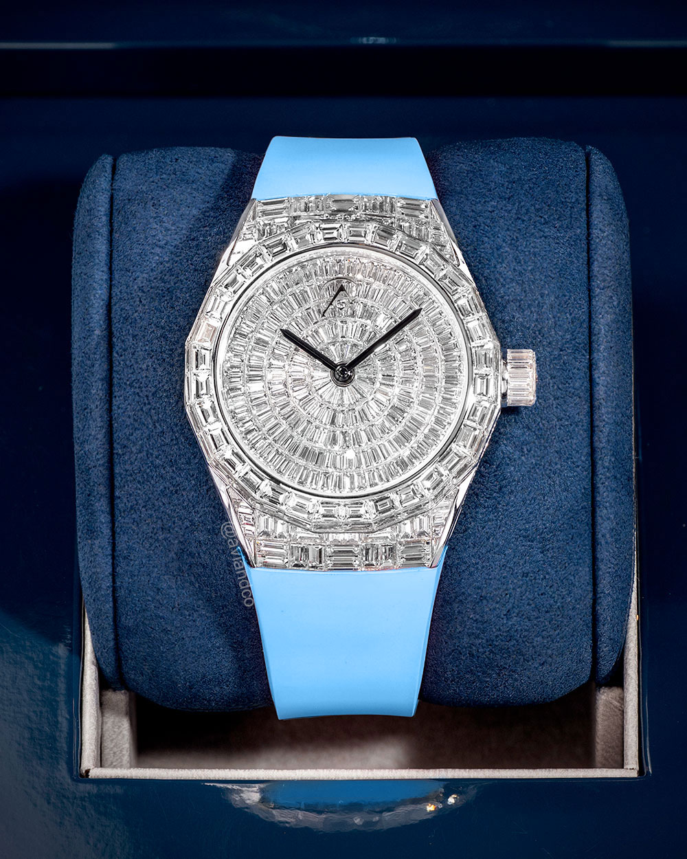 Avi & Co. Iced Collection, 18K White Gold, Blue Color in Motion Rubber Strap, 44 mm