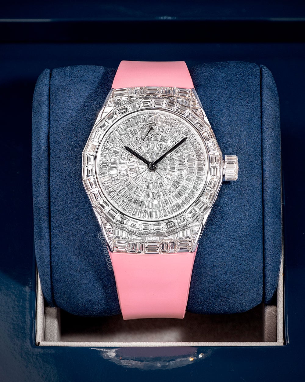 Avi & Co. Iced Collection: Color in Motion, Pink Rubber Strap, 18K White Gold, 37 mm
