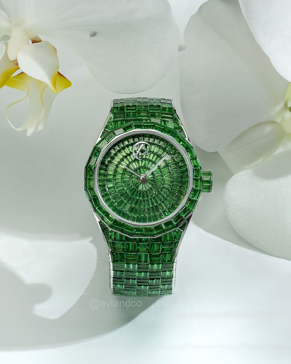 Avi & Co. Hue Collection Green Tsavorite Watch, AH23W, 18K White Gold