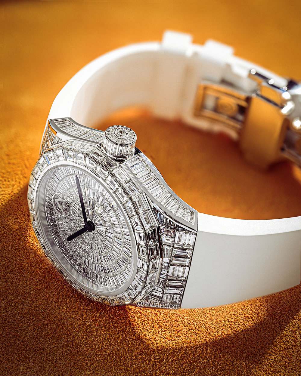 Avi & Co. Iced Collection Color in Motion, 18K White Gold, White Rubber Strap, 37 mm