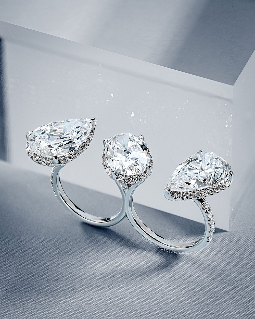 Avi & Co. Nois Trois Diamond Cuff Ring, 18K White Gold Pear and Oval Cut Triple Diamonds