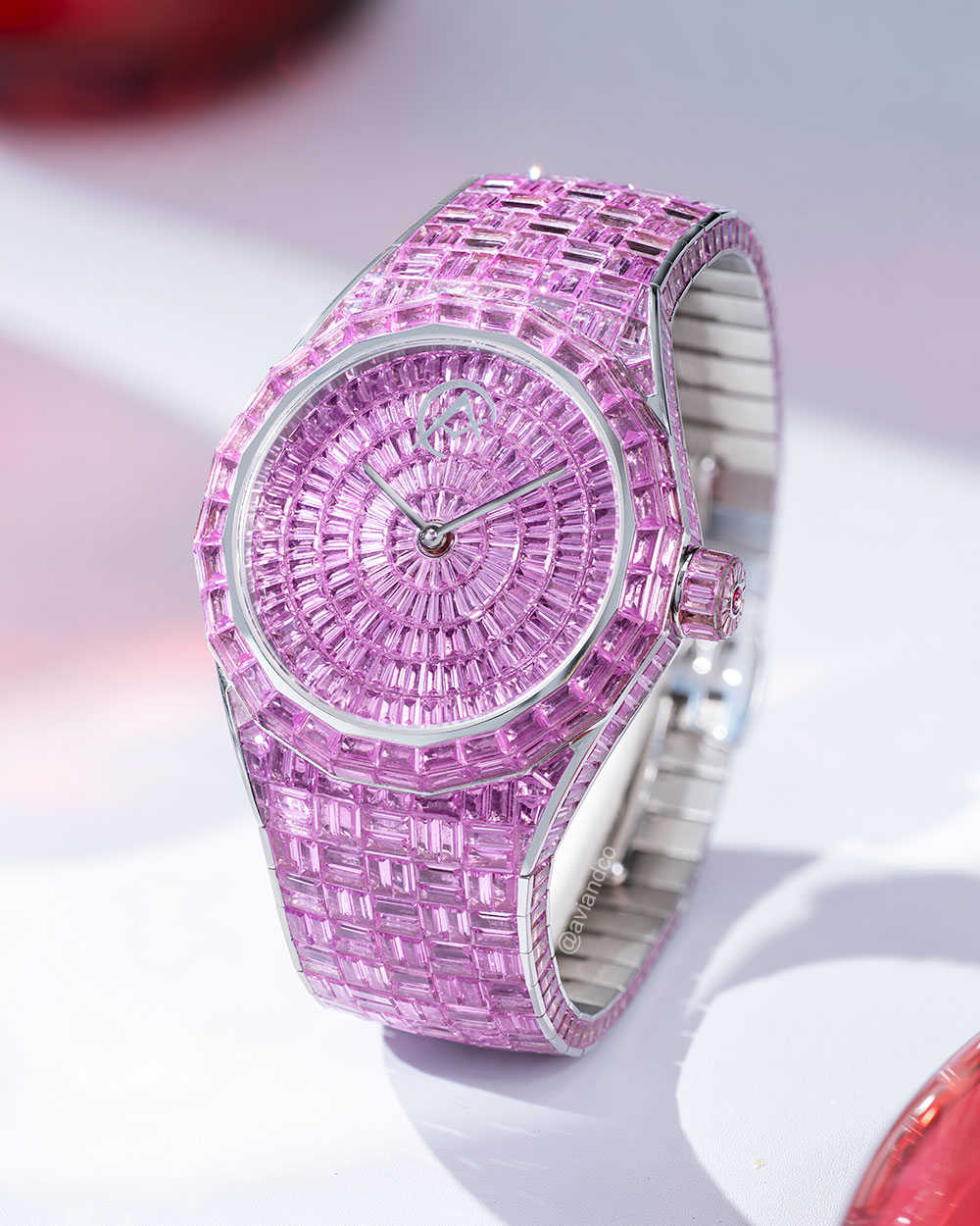 Avi & Co. Hue Collection, Pink Sapphire Watch, 18K White Gold, 44 mm