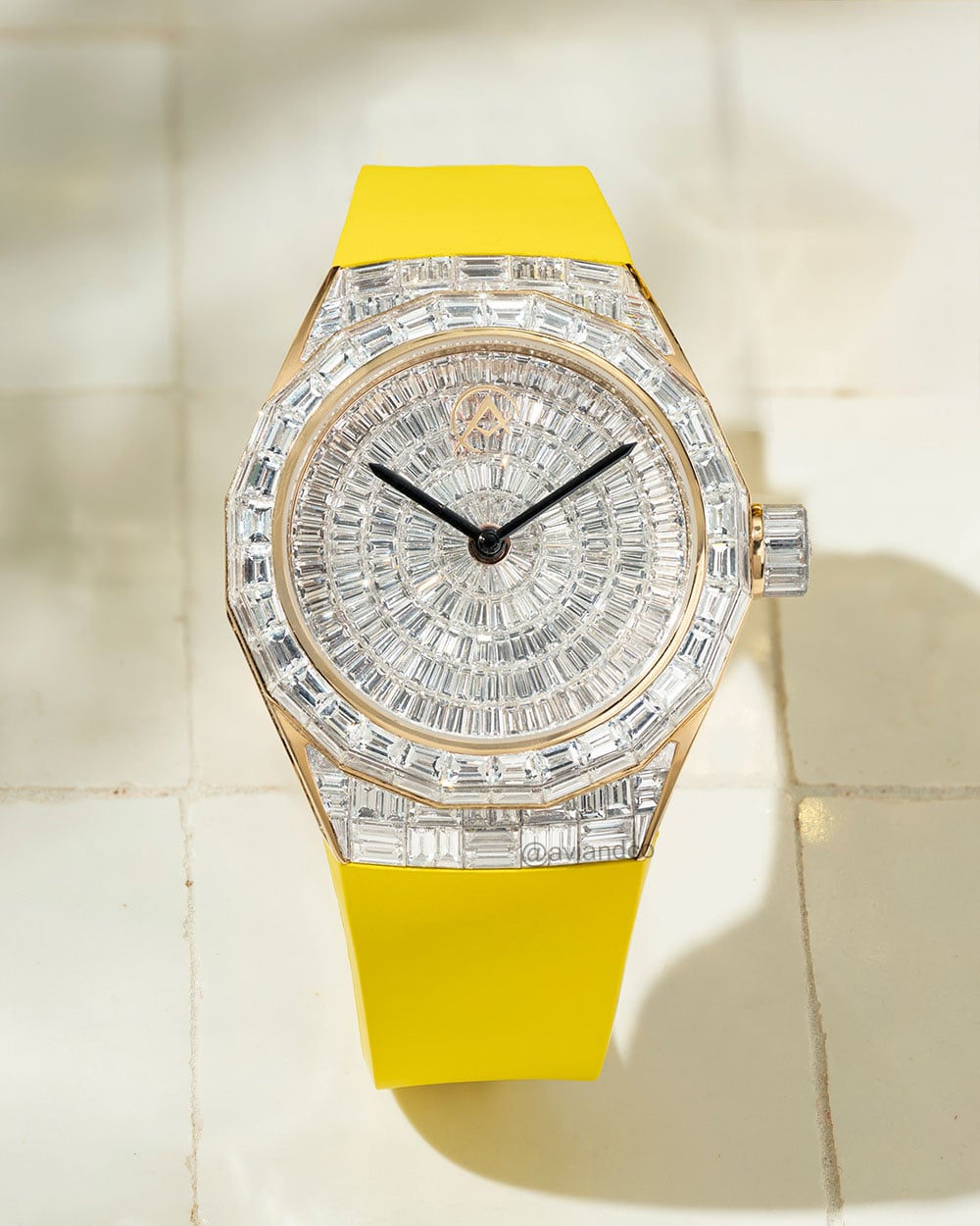 Avi & Co. Iced Collection “Color in Motion” Yellow Strap, 18K Rose Gold, 44 mm