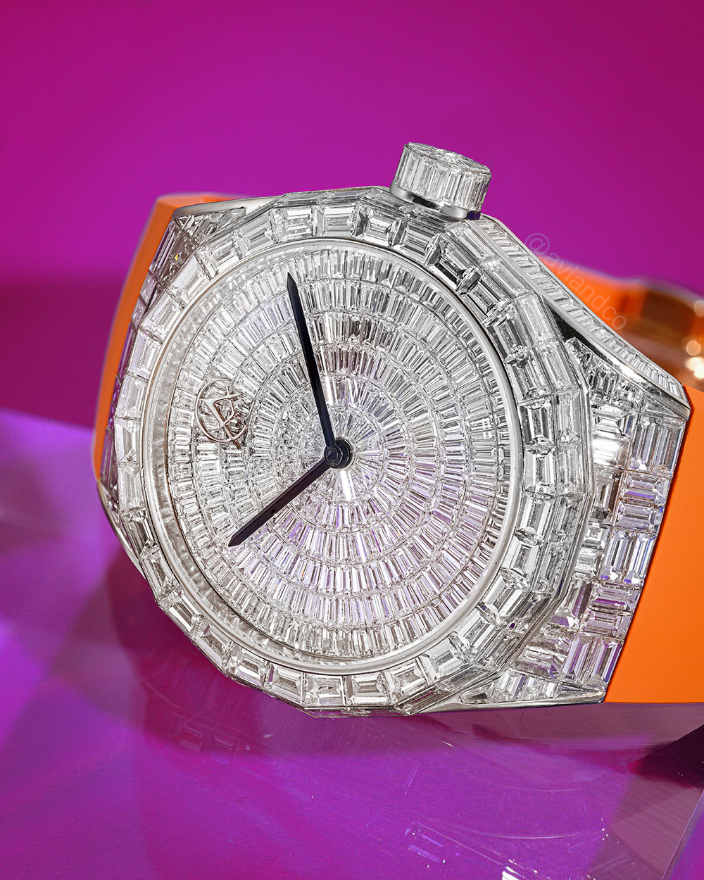 Avi & Co. Iced Collection Watch, 18K White Gold, Orange Color in Motion Strap, 44 mm