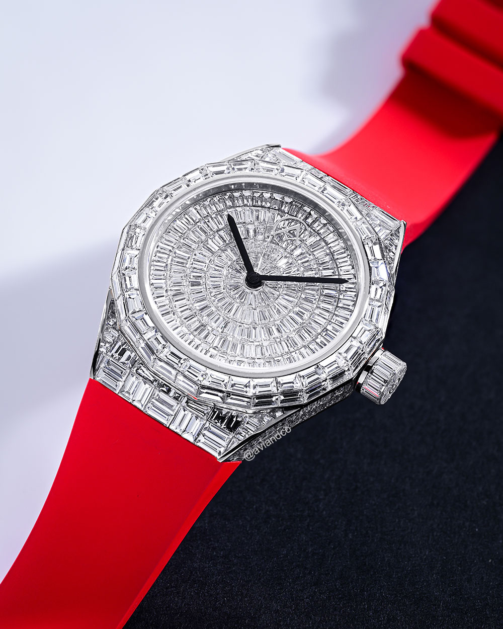 Avi & Co. Iced Collection Watch, 18K White Gold, Red Color in Motion Strap, 44 mm