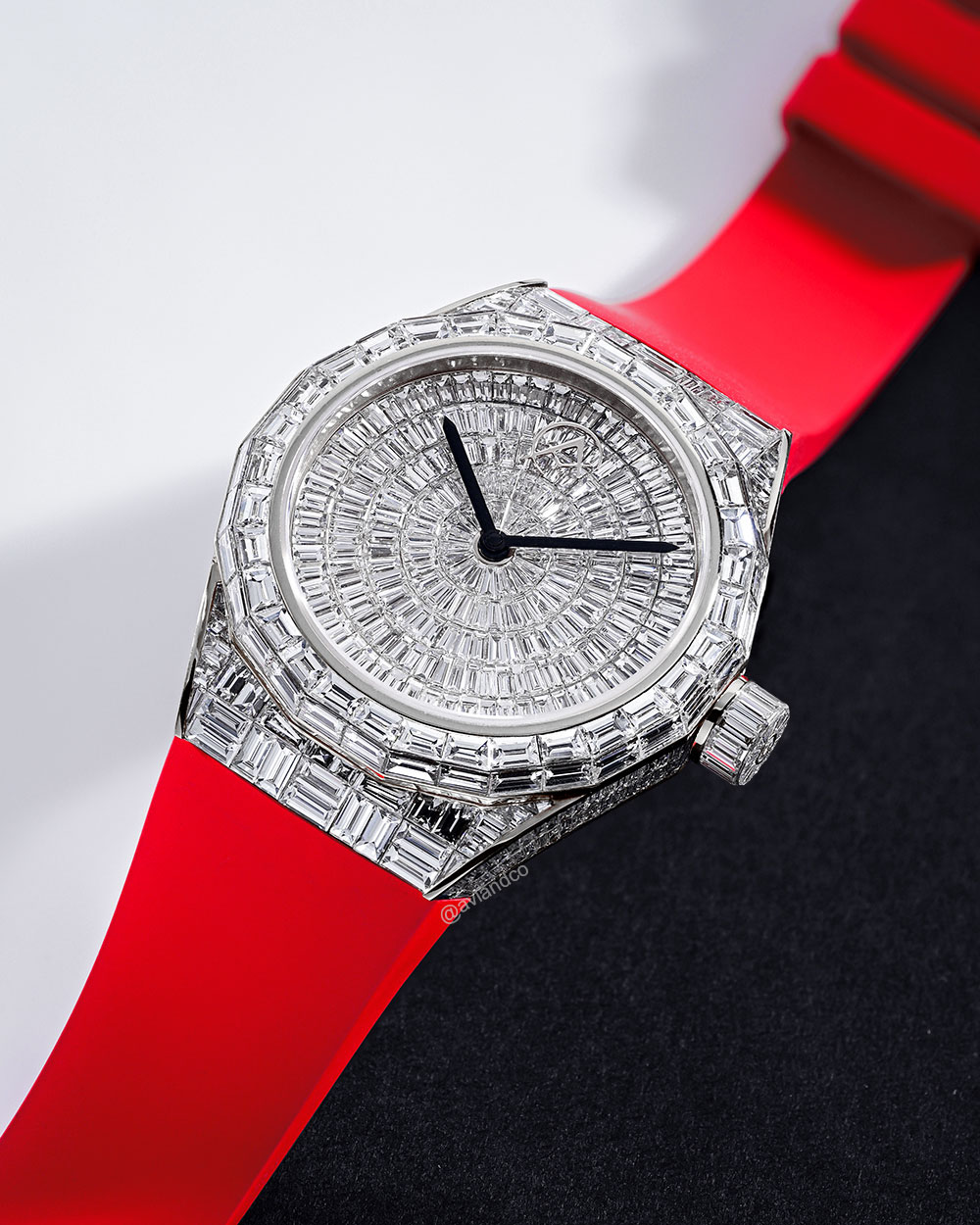 Avi & Co. Iced Collection: Color in Motion, 18K White Gold, Red Strap, 40 mm