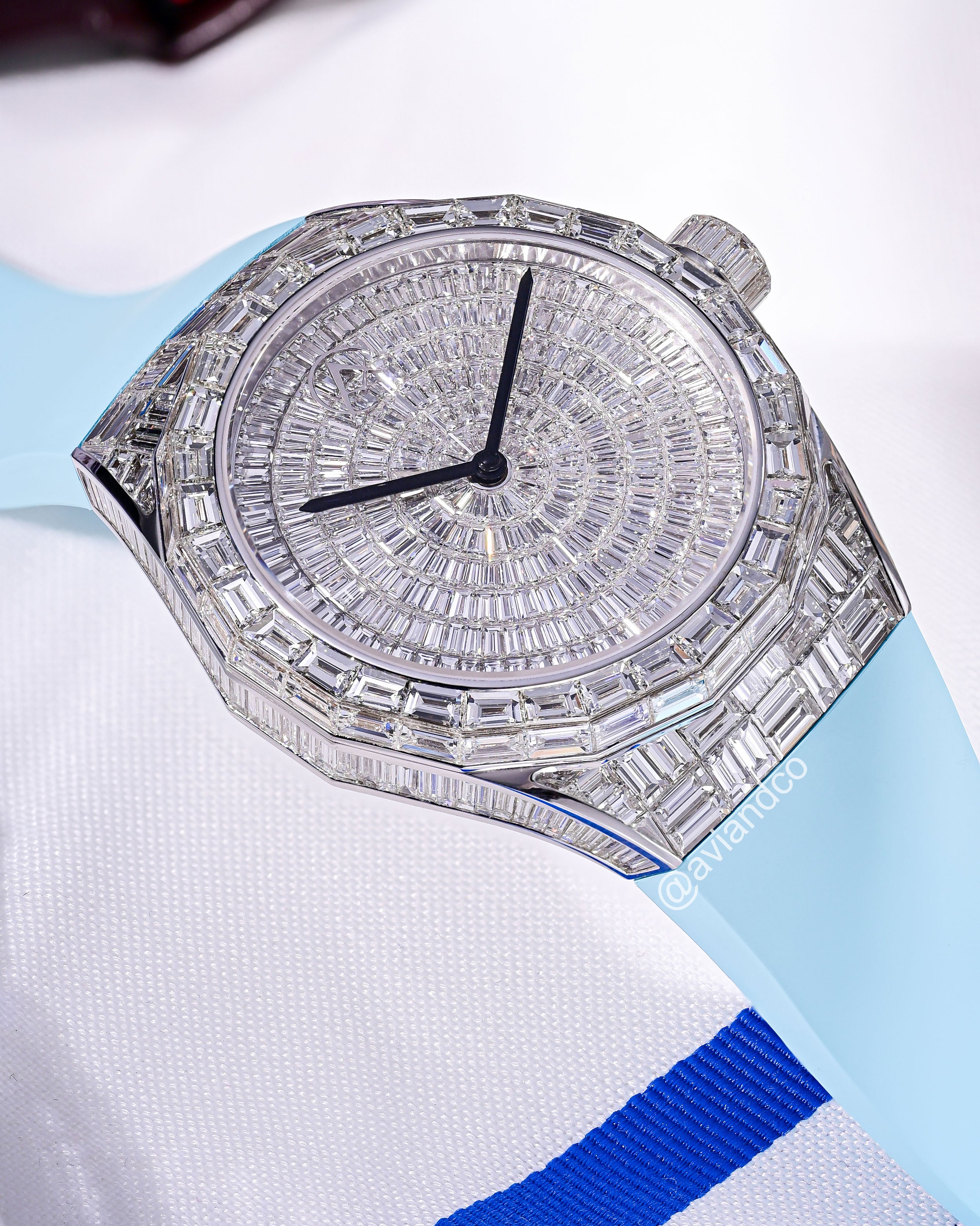 Avi & Co. Iced Collection: Color in Motion Blue Strap, 18K White Gold, 40 mm