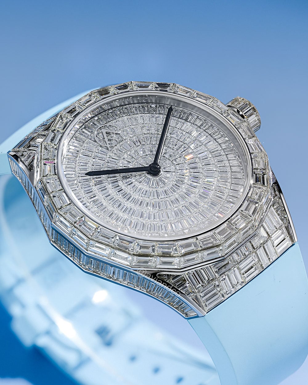 Avi & Co. Iced Collection: Color in Motion, 18K White Gold, Blue Rubber Strap, 44 mm