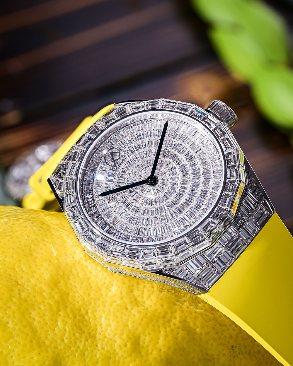 Avi & Co. Iced Collection Color in Motion Yellow Strap, 18K White Gold, 44 mm