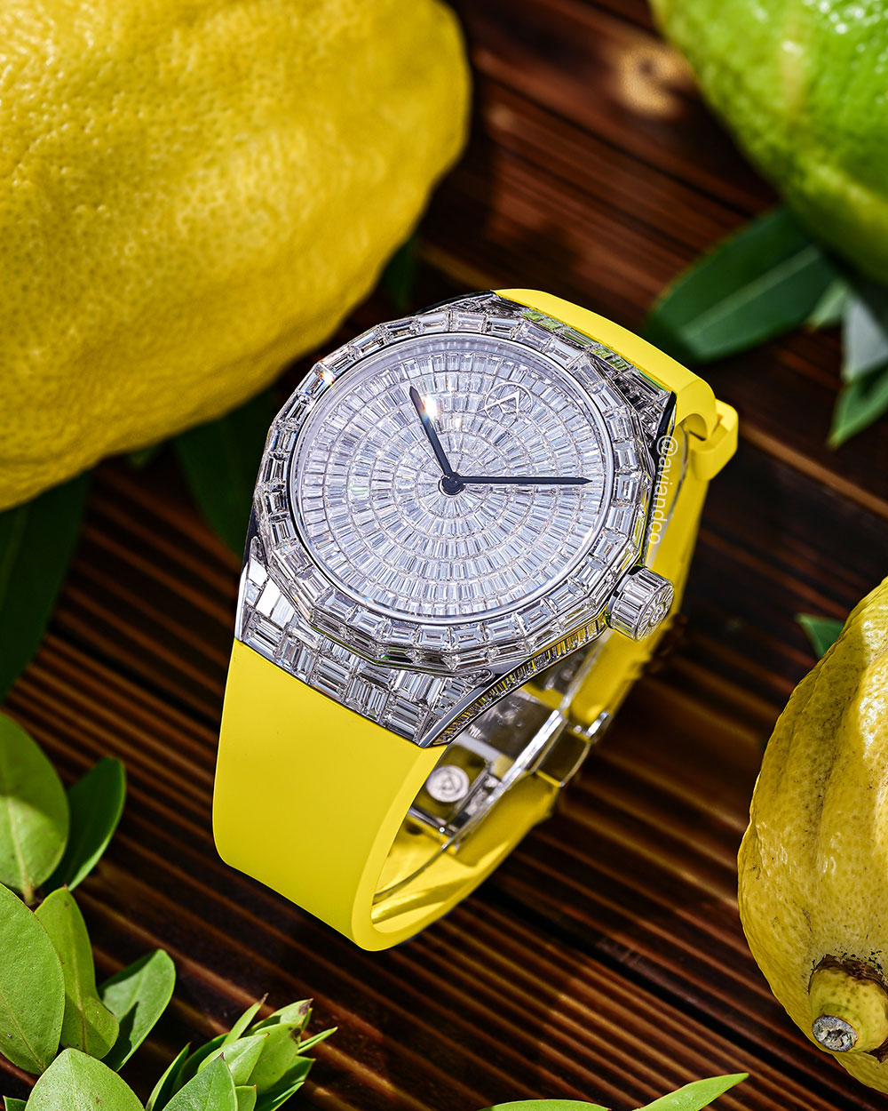 Avi & Co. Iced Collection: Color in Motion, Yellow Strap, 18 White Gold, 44 mm