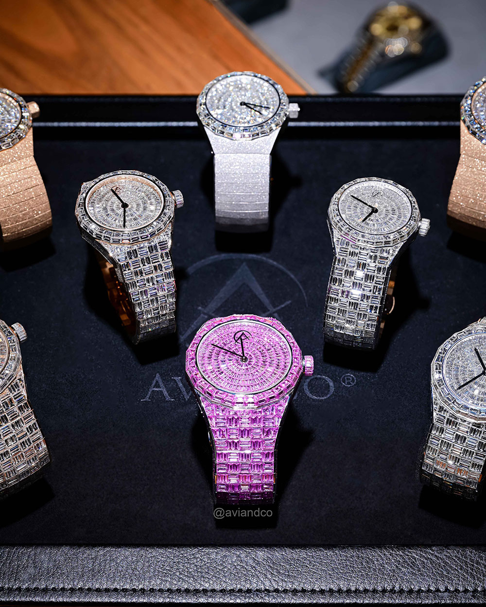 Avi & Co. iced collection, frosted collection, and pink sapphire hue collection watch