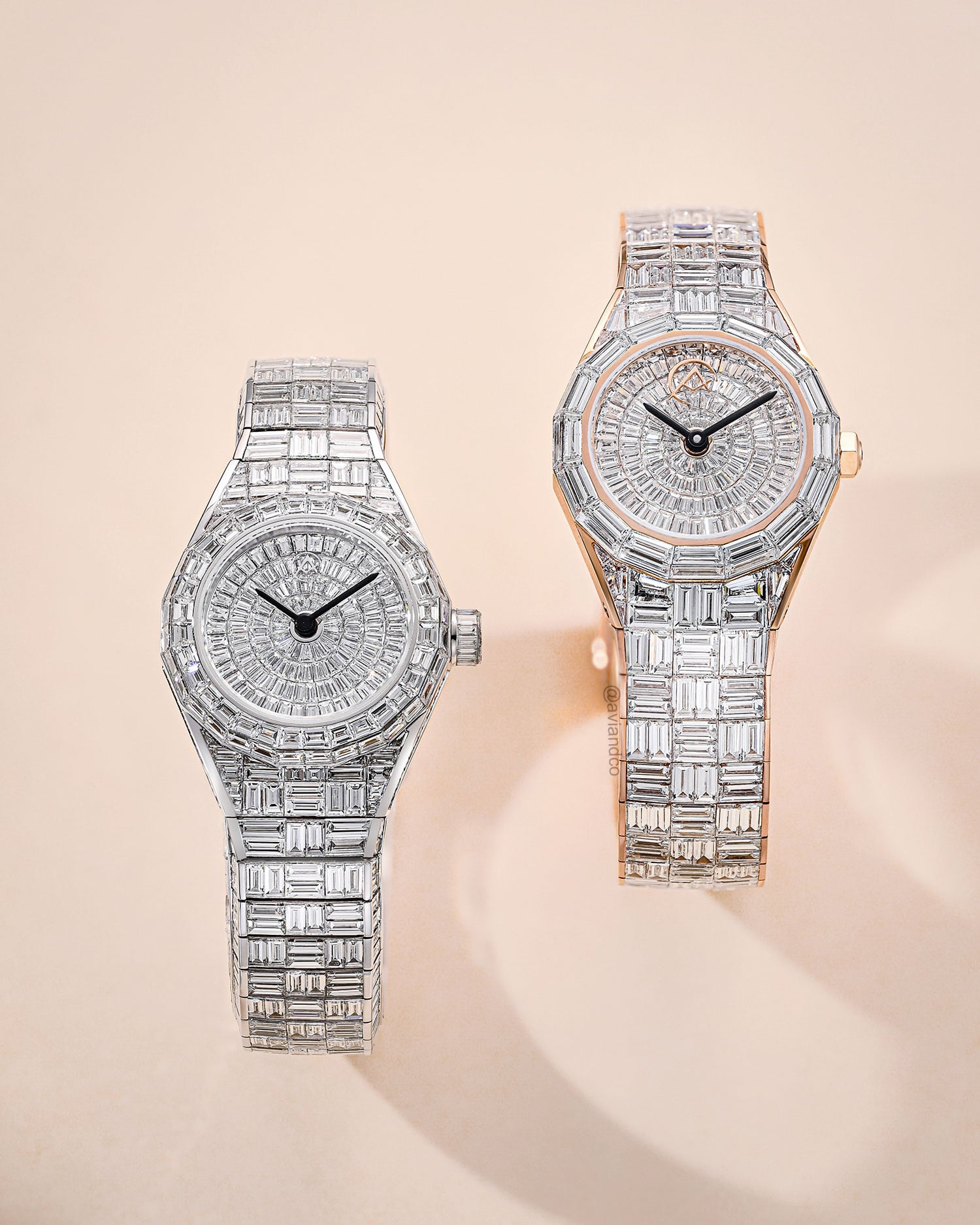 Avi & Co. Iced Mini Watches, 18K Rose Gold and 18K White Gold, 26 mm