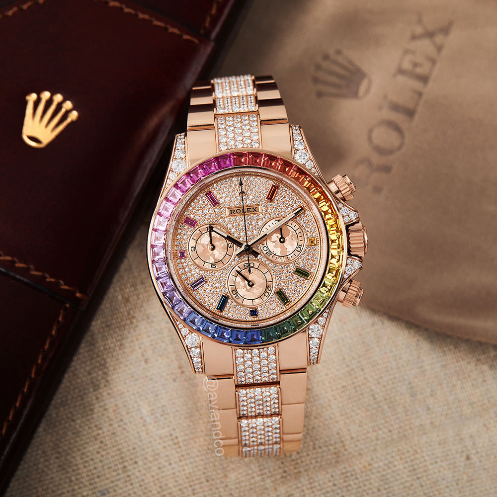 Rainbow Rolex Cosmograph Daytona, 18K rose gold, diamond pave rainbow bezel