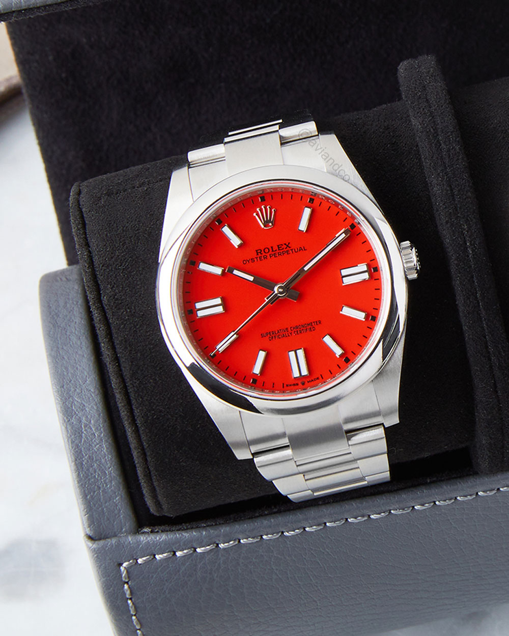 Rolex Oyster Perpetual, steel, coral red dial, 41 mm
