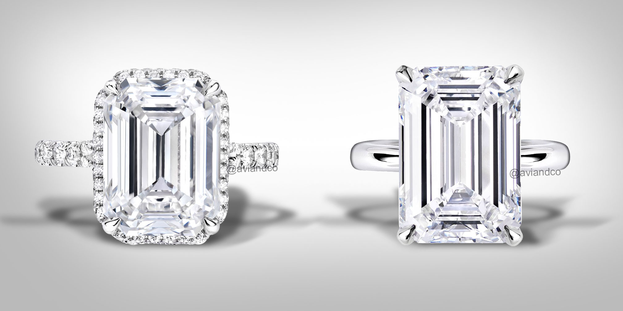 Left: Avi & Co. Emerald Cut Engagement Ring 8.27 CT, Diamond Band and Halo. Right: Avi & Co. Emerald Cut Engagement Ring 10.24 CT, Solitaire Style.
