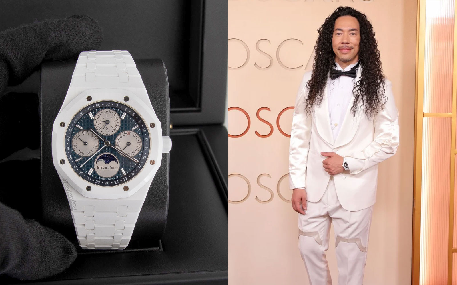 Cole Walliser wears Audemars Piguet Royal Oak 26579, Perpetual Calendar, White Ceramic, Blue Dial