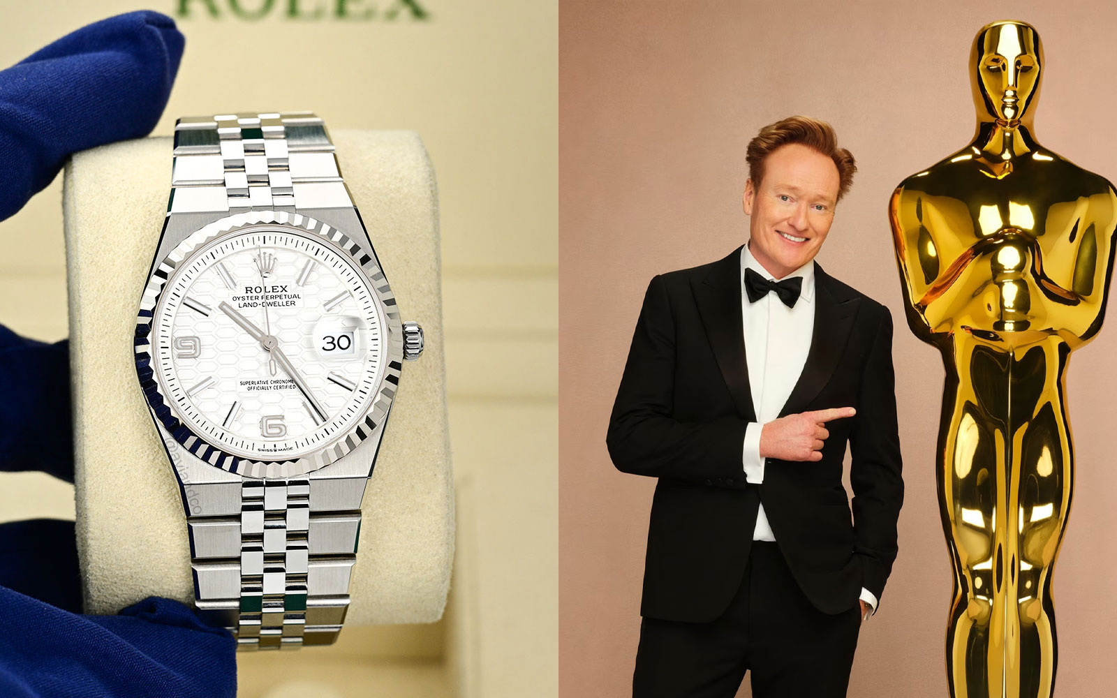 Conan O'Brien wears Rolex Land-Dweller 40, Stainless Steel and White Gold, White Motif Dial